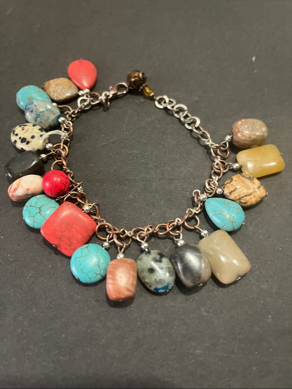Multi-Stone Drop Charm Bracelet in Turquoise, Red, Black, and Neutral Tones - Picture 3 of 3